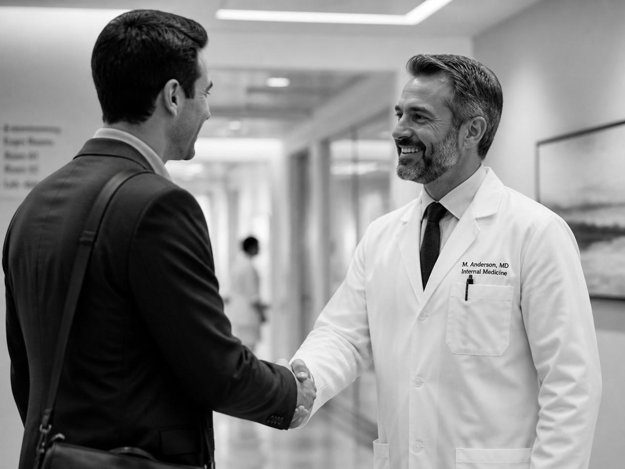 Medical sales rep shaking hands with a doctor in a clinic hallway
